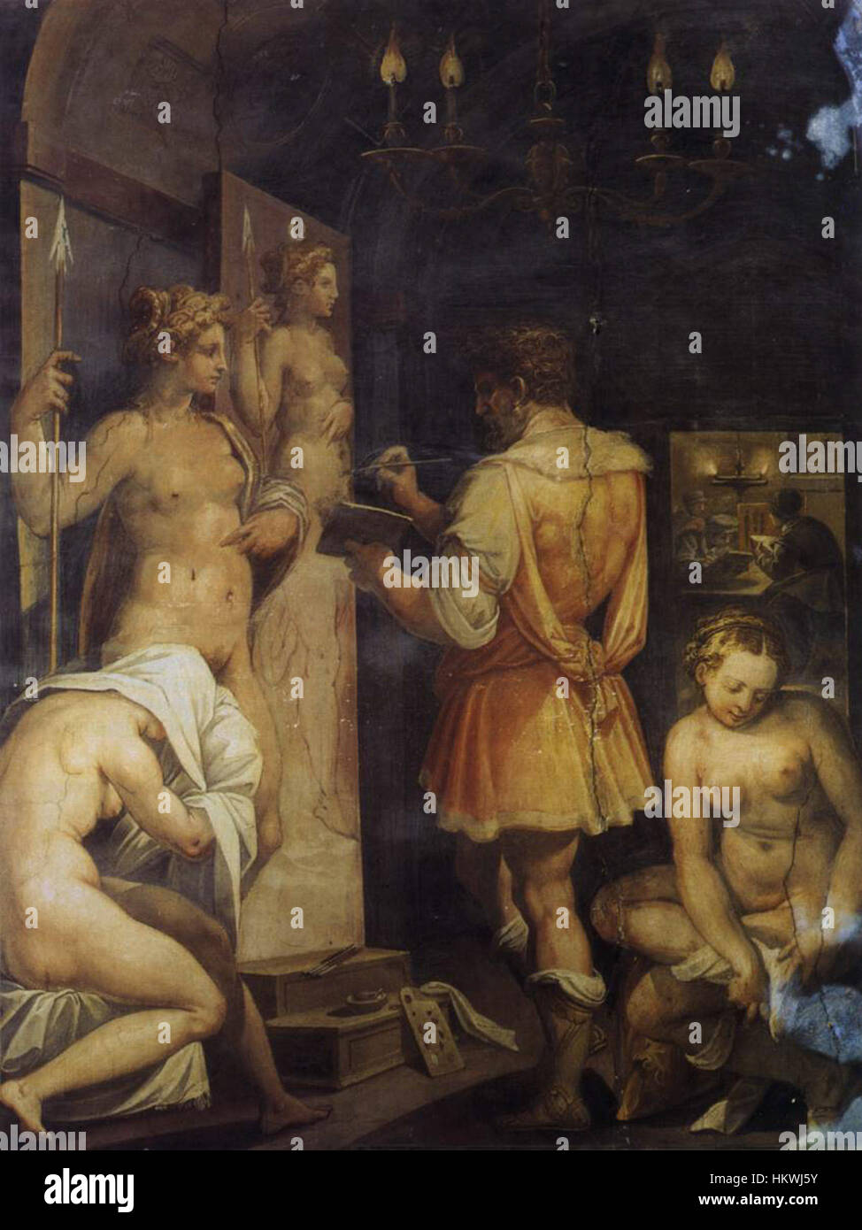 Lo "Studio del Pittore" di Giorgio Vasari raffigura lo studio di un artista pieno di opere d'arte e strumenti, che riflettono l'ambiente creativo dell'artista rinascimentale. Lo stile dettagliato di Vasari fornisce informazioni sul processo artistico del tempo. Foto Stock