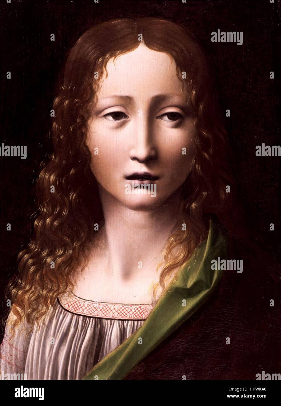 Un dipinto ad olio di Giovanni Antonio Boltraffio, che ritrae un Cristo giovane. L'opera è celebrata per le sue delicate caratteristiche e la rappresentazione realistica di Gesù adolescente, che fonde tecniche rinascimentali. Foto Stock