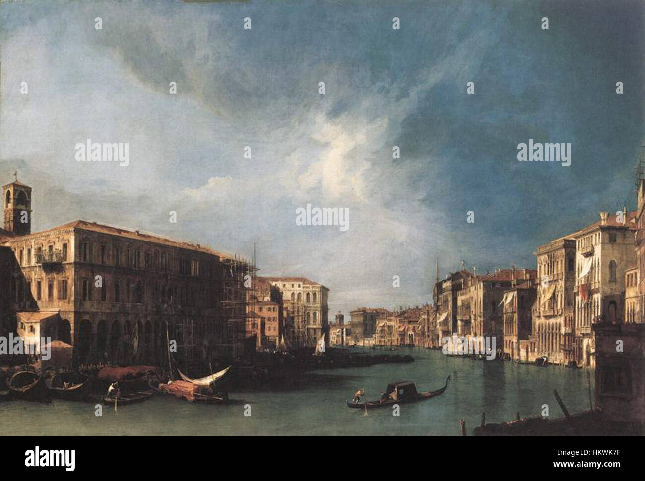 "Il Canal grande da Rialto verso nord" è una famosa opera di Giovanni Antonio Canal, meglio conosciuto come Canaletto. Questo dipinto ad olio cattura la vibrante e panoramica vista del Canal grande di Venezia, mostrando il Ponte di Rialto e l'architettura circostante. Foto Stock