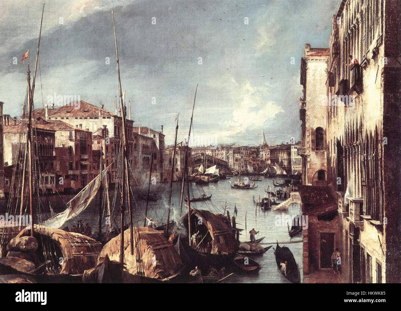 Una vista dettagliata del famoso dipinto di Canaletto che raffigura il Canal grande a Venezia, con il Ponte di Rialto prominente sullo sfondo. Il pezzo è rinomato per la sua precisione architettonica e il vibrante paesaggio veneziano. Foto Stock