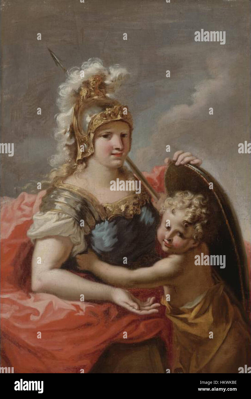 La "Minerva con un putto" di Giovanni Antonio Pellegrini è un dipinto barocco con la dea Minerva, accompagnato da un putto (cherubino). Il pezzo esemplifica l'eleganza e i temi mitologici tipici dell'arte barocca. Foto Stock