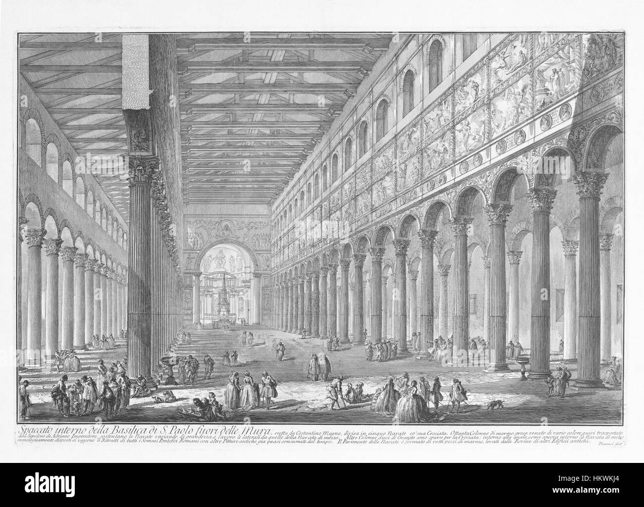 L'incisione dettagliata dell'interno di San Paolo fuori le Mura (San Paolo fuori le Mura) di Giovanni Battista Piranesi a Roma cattura la grandezza e la complessità architettonica di questa storica basilica. L'opera di Piranesi è celebrata per la sua intricata rappresentazione dell'architettura classica. Foto Stock