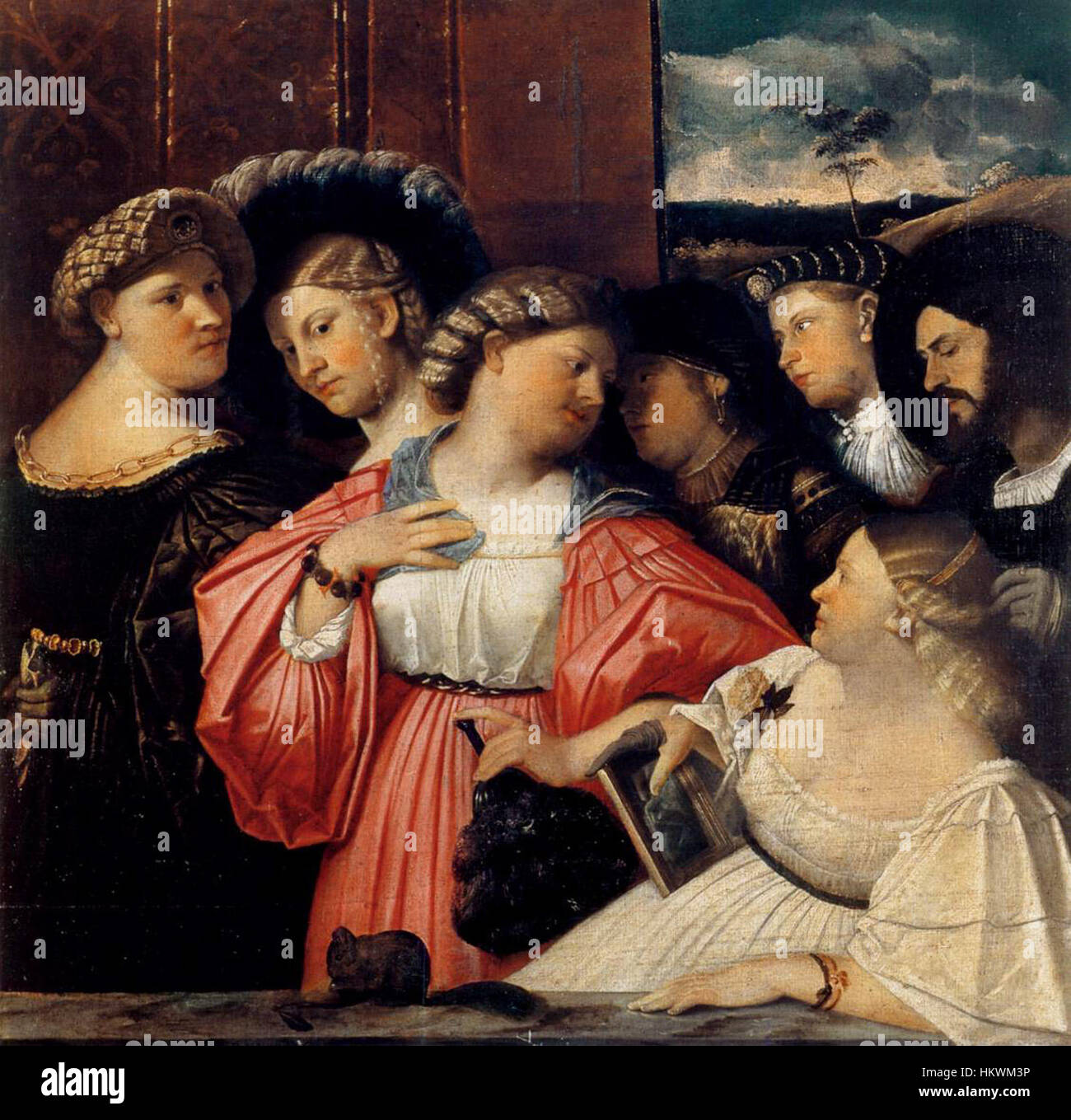 Sette ritratti Albani di Giovanni Cariani è una serie di sette ritratti della famiglia Albani, che mostrano la maestria dell'artista nel catturare le personalità e le caratteristiche dei soggetti. I dipinti riflettono la ritrattistica del XVI secolo con precisione ed eleganza. Foto Stock