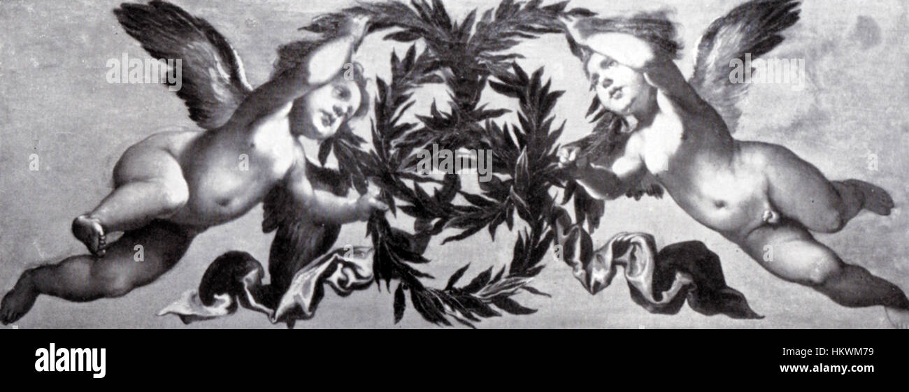 "Due angeli che intrecciano corone" di Giovanni da San Giovanni raffigura due angeli che intrecciano corone, simboleggiando l'unione divina e l'armonia celeste. Il dipinto riflette lo stile barocco con la sua rappresentazione dettagliata di figure e l'uso di luce e ombra. Foto Stock