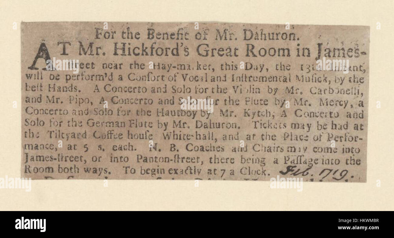 Librerie di Bodleian, Newscutting relative al signor Hickford grande camera, febbraio 1719, annunciando la musica vocale e strumentale Foto Stock