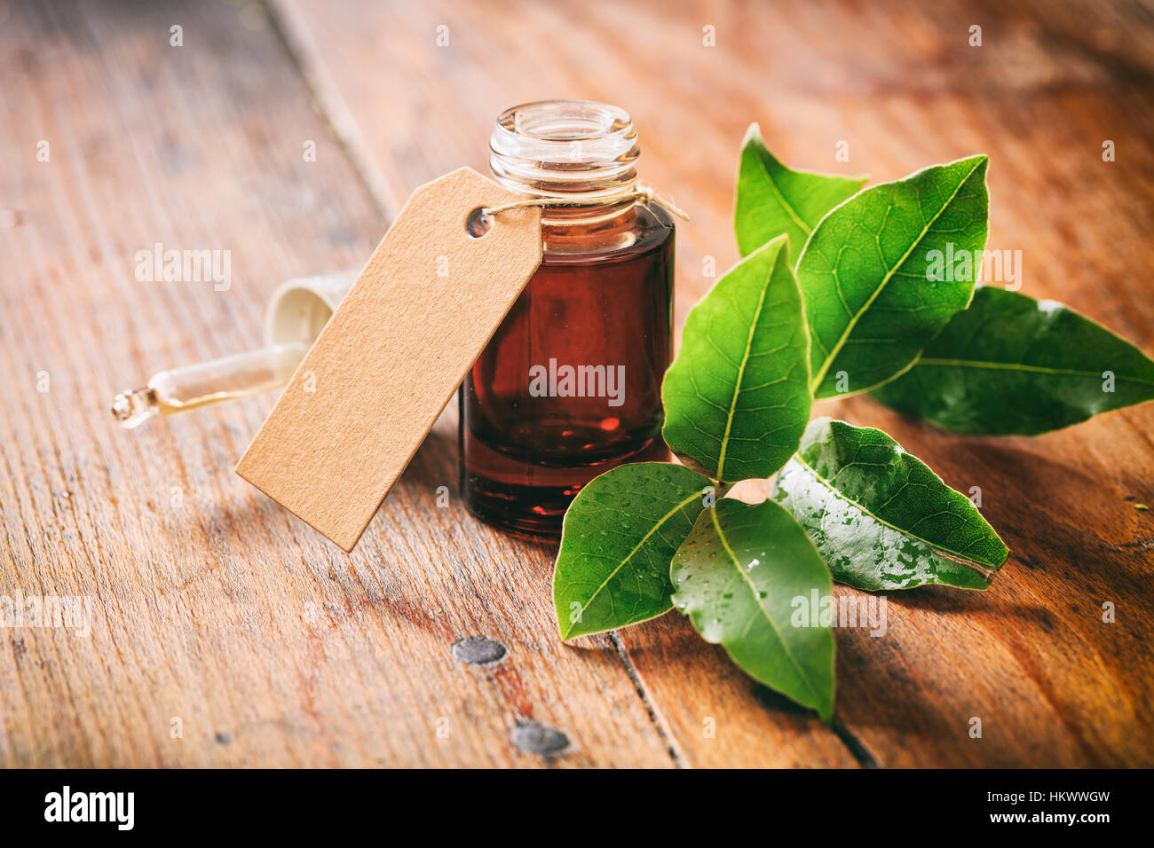 Fresco di bacche di alloro e olio essenziale su sfondo di legno Foto stock  - Alamy