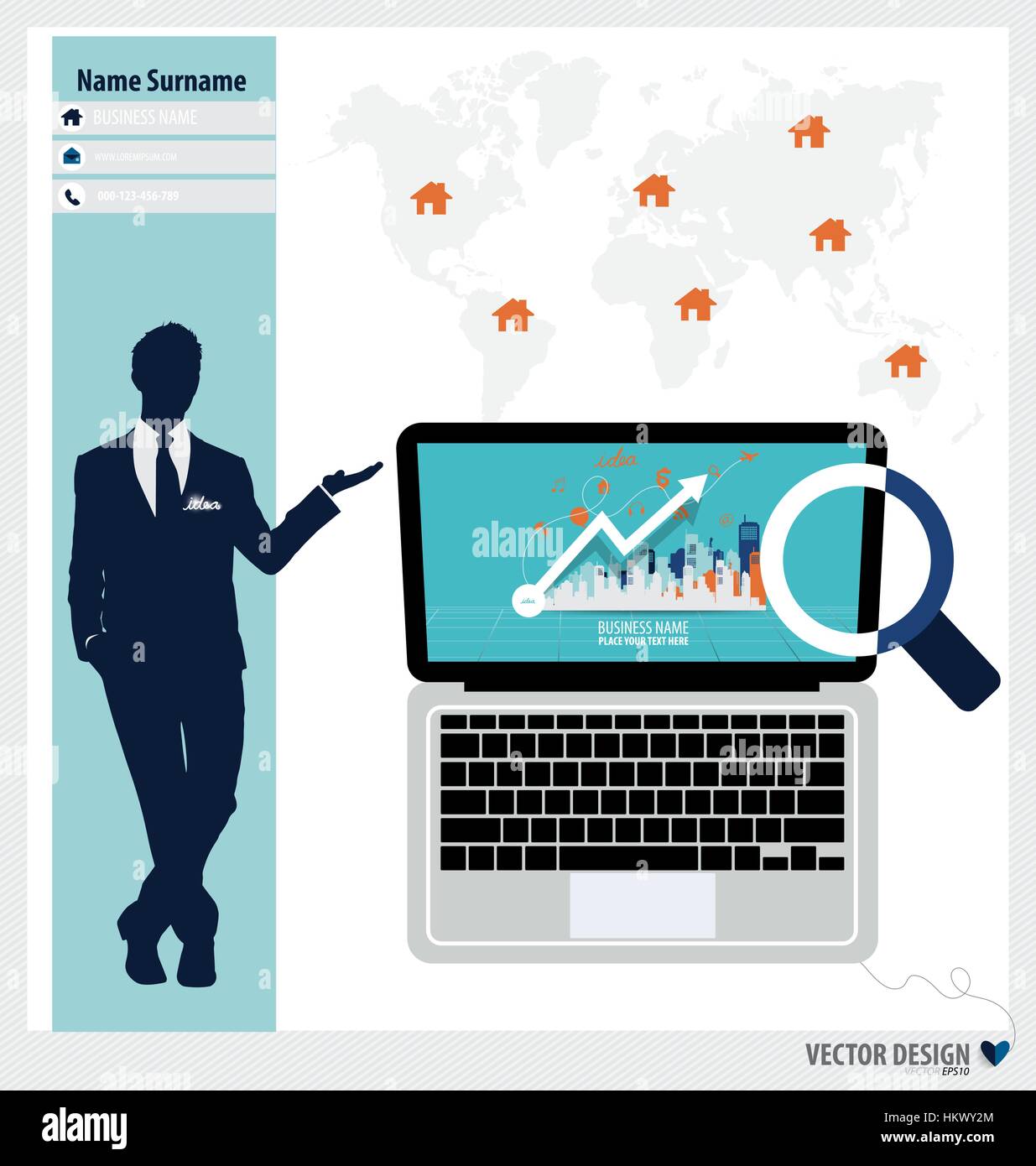 Laptop moderno, Business di elementi di lavoro per il web design, business, finanza, e-commerce, SEO ottimizzazioni, applicazioni mobili, reti sociali. E moderno. Illustrazione Vettoriale