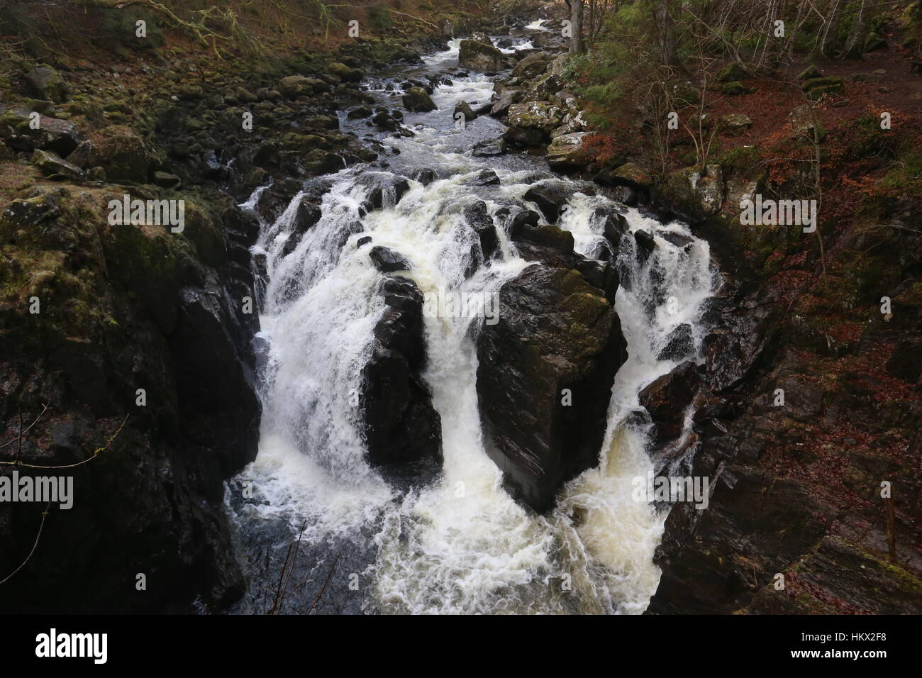 Cascata sul fiume braan l'eremo vicino a Dunkeld Scozia gennaio 2017 Foto Stock