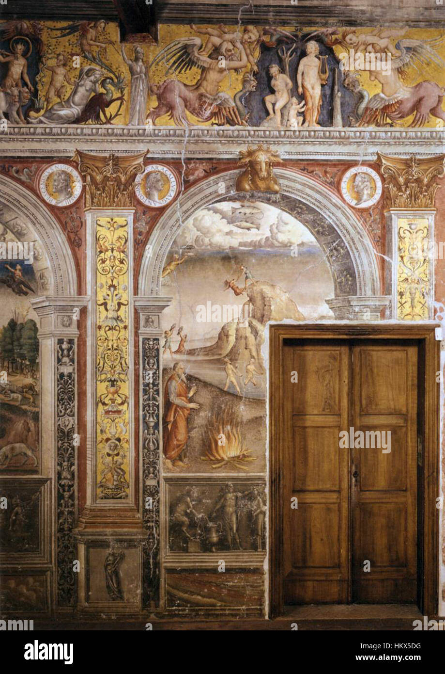 Il dipinto "segno dei pesci" di Giovanni Maria Falconetto si trova nella sala dello Zodiaco di Palazzo d'Arco a Mantova. Il lavoro fa parte di una serie che illustra i segni zodiacali in dettaglio. Foto Stock