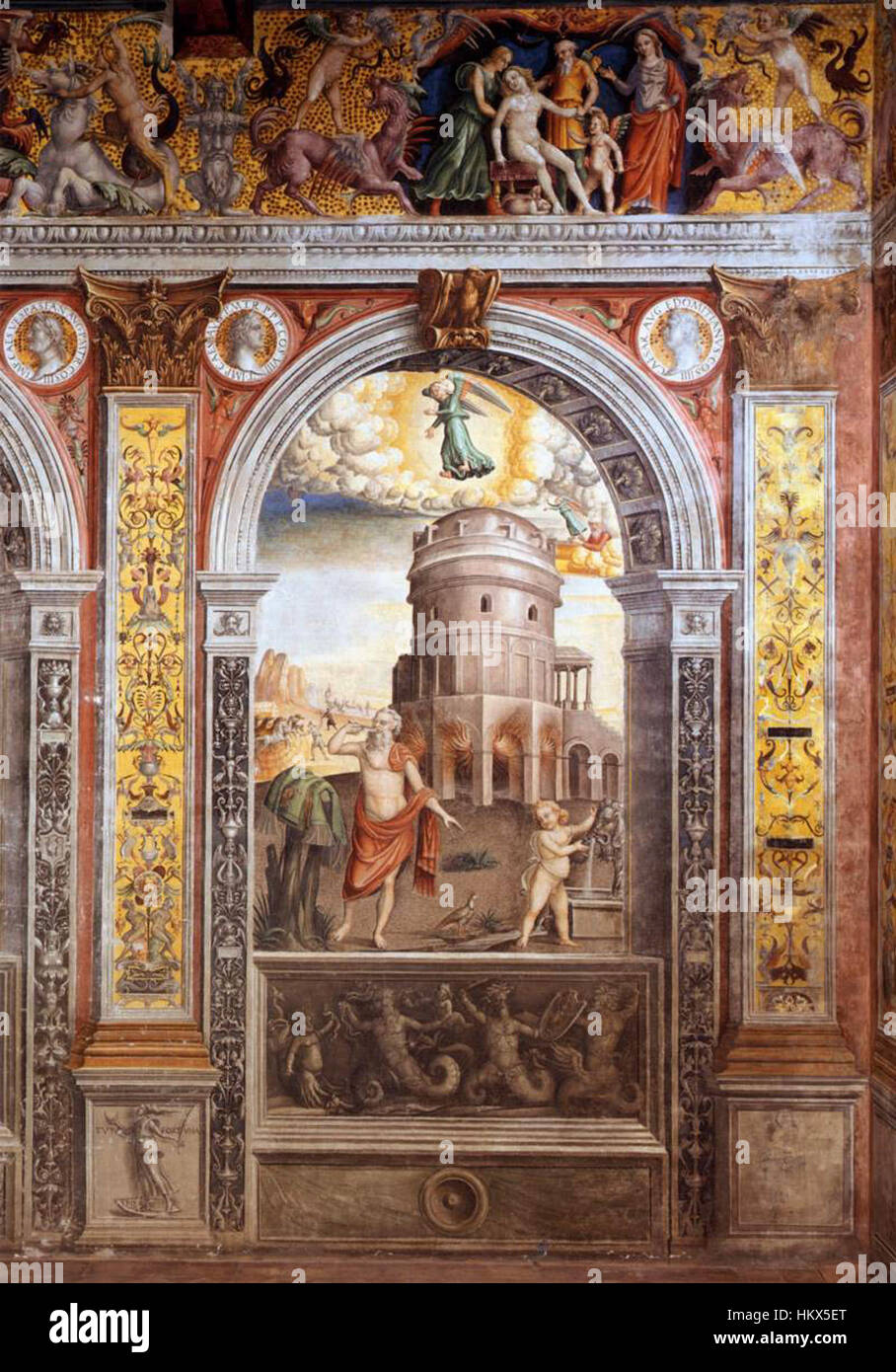 "Segno della Vergine" di Giovanni Maria Falconetto è un affresco allegorico raffigurante il segno zodiacale della Vergine. Questo pezzo fonde il simbolismo astrologico con le tradizioni artistiche rinascimentali per creare una composizione equilibrata e armoniosa. Foto Stock