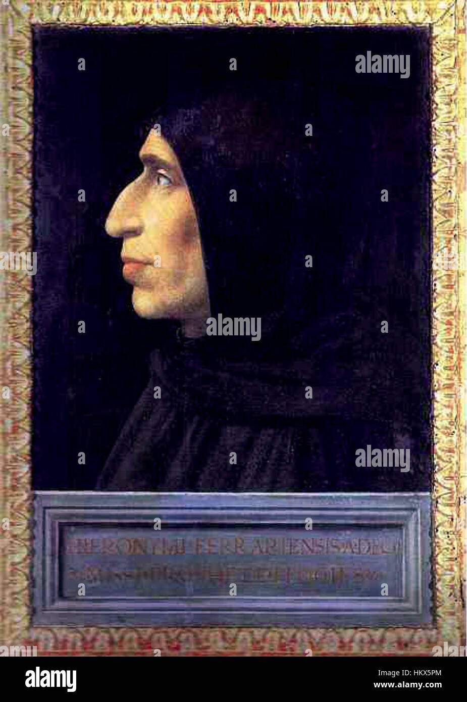 Un ritratto di Girolamo Savonarola, frate domenicano del XV secolo noto per i suoi sermoni ardenti e l'influenza sulla Firenze rinascimentale. Questo dipinto lo raffigura in abbigliamento religioso, catturando l'intensità del suo carattere e il suo impegno per la riforma all'interno della chiesa. Foto Stock