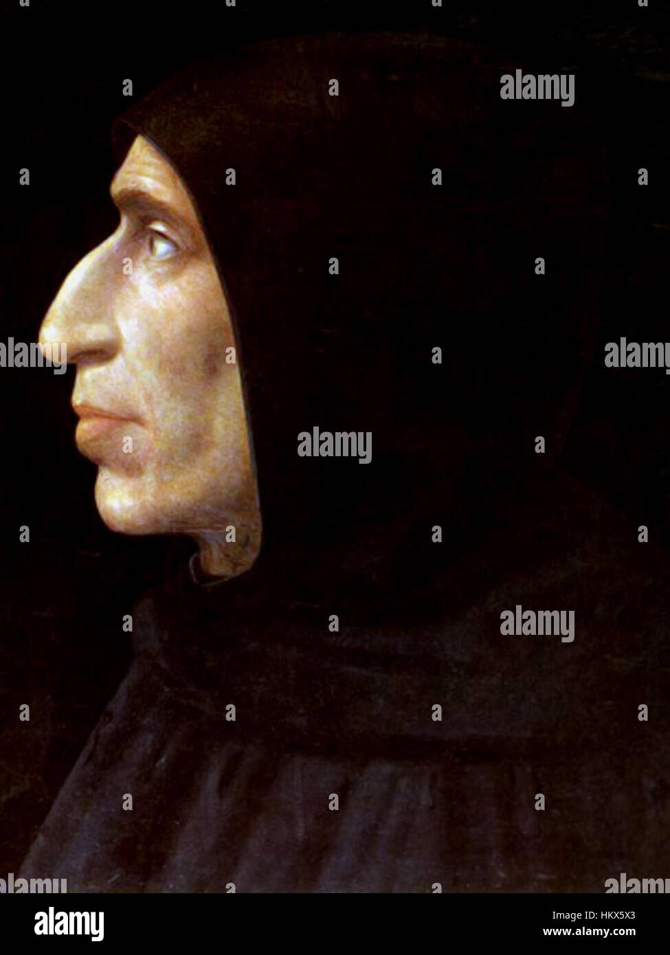 Questo dipinto di Girolamo Savonarola, frate e predicatore domenicano italiano, rappresenta il suo ruolo influente durante il Rinascimento, in particolare il suo coinvolgimento nel falò delle vanità a Firenze. Foto Stock