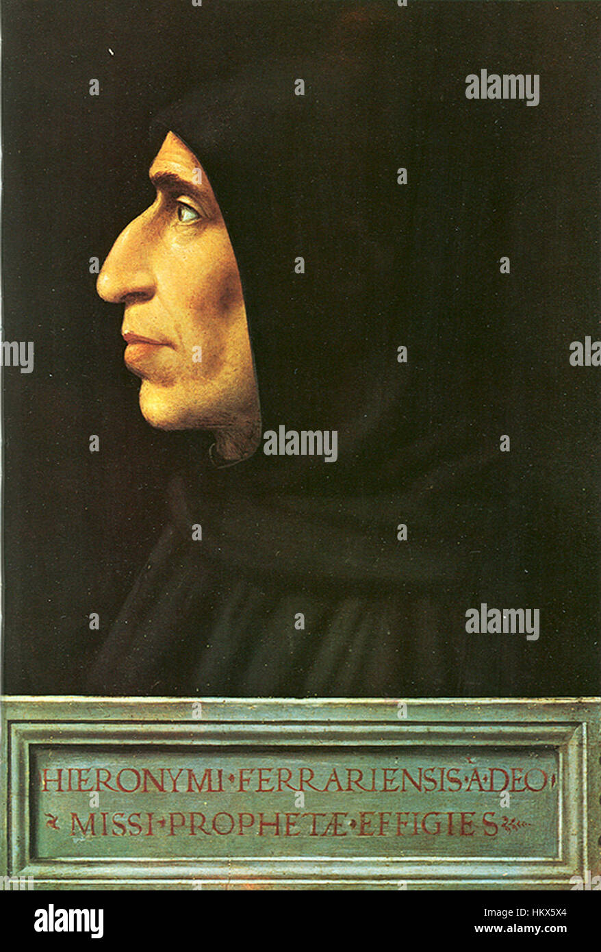 Questo ritratto di fra Bartolommeo raffigura Girolamo Savonarola, un frate domenicano che divenne un controverso leader religioso nella Firenze rinascimentale. Il dipinto riflette l'intensa atmosfera religiosa e politica del tempo. Foto Stock