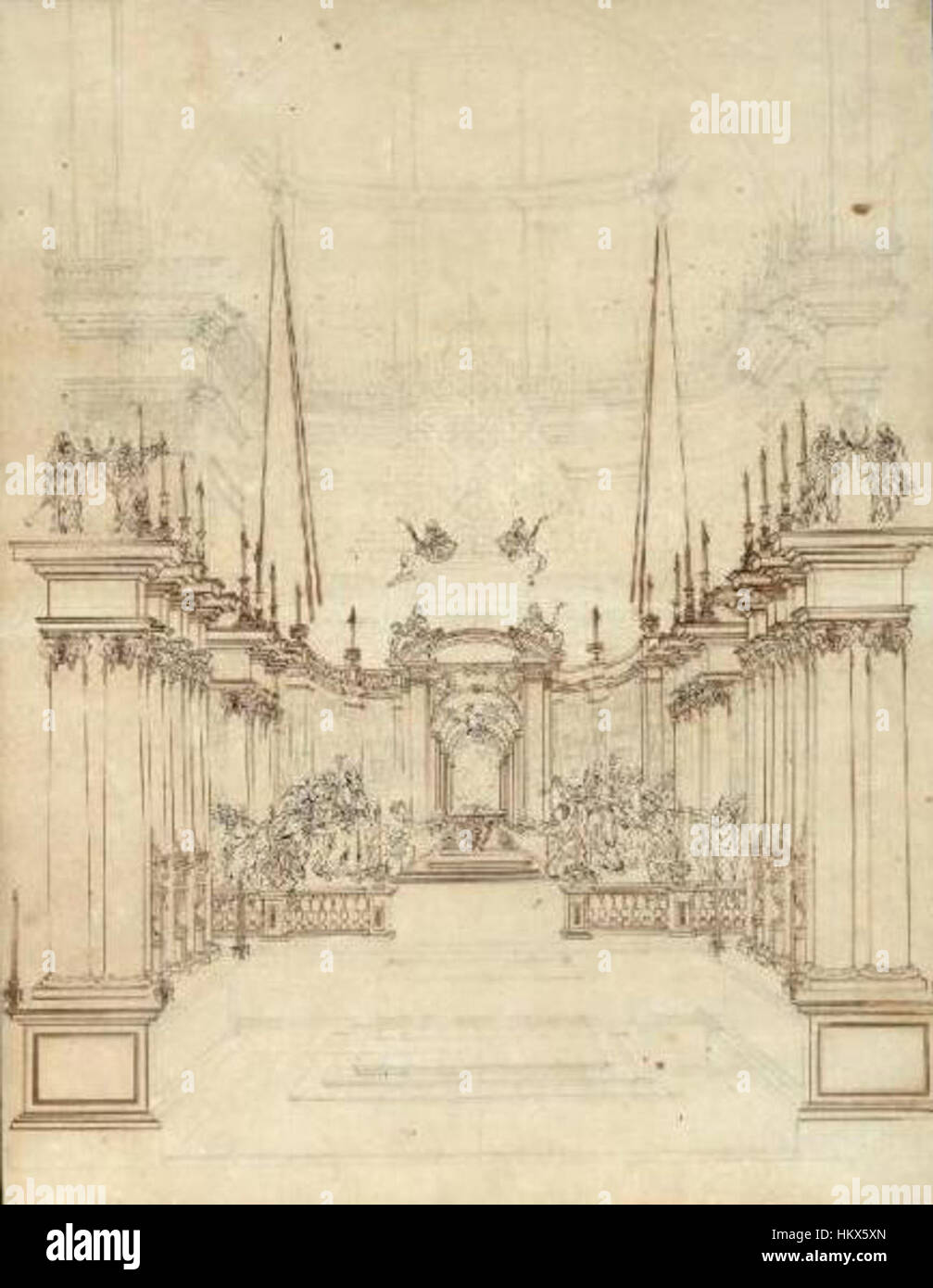 Il "Castrum doloris" di Gisleni è una rappresentazione di un monumento funebre a Varsavia, che illustra una struttura simbolica associata alla morte e al lutto. L'opera riflette un approccio cupo e classico all'arte commemorativa, incarnando sia il dolore che la riverenza per il defunto. Foto Stock