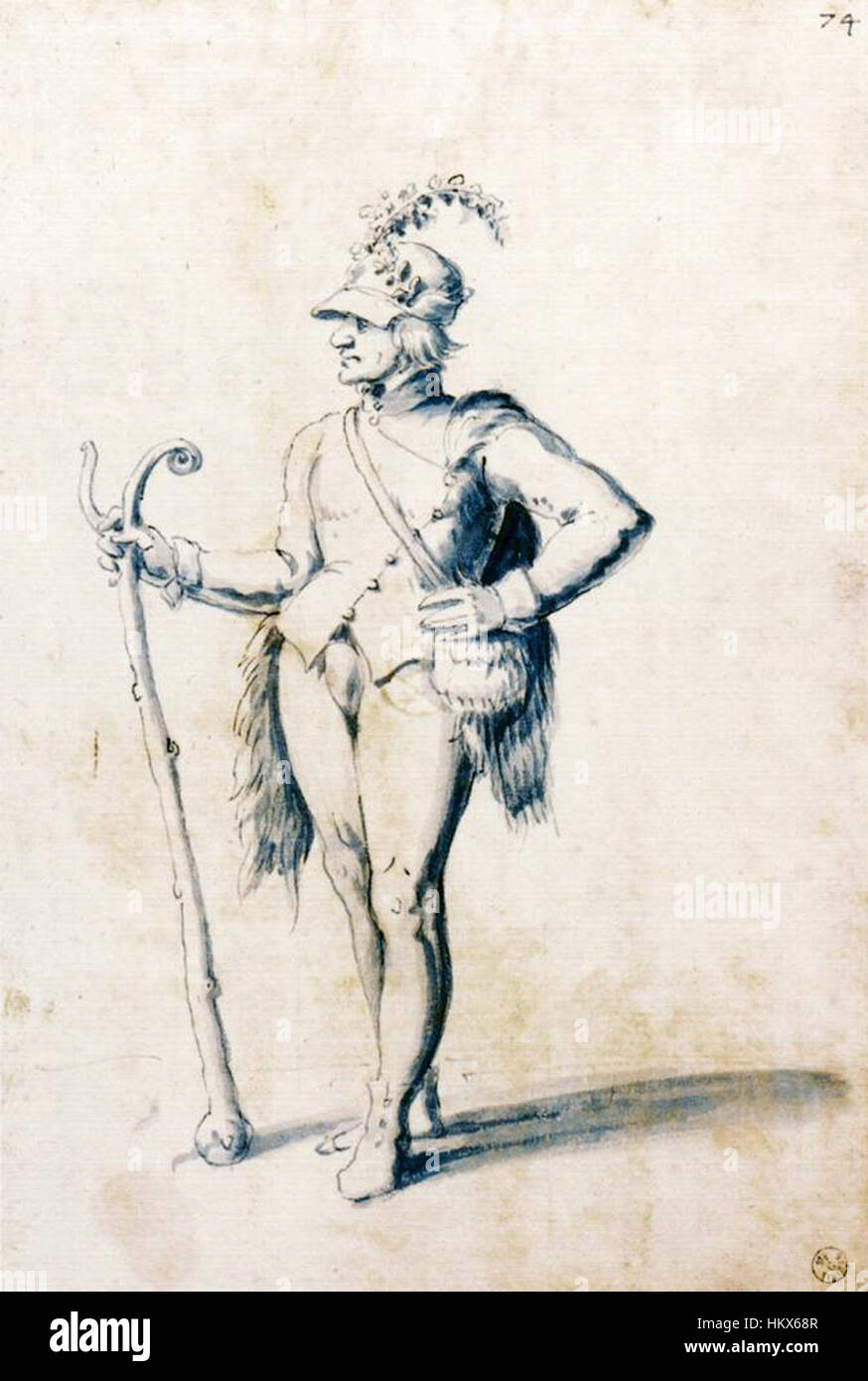 Questo disegno in costume di Giuseppe Arcimboldo raffigura una figura maschile con una stave, che riflette l'approccio innovativo dell'artista nel combinare la ritrattistica con elementi della natura e dell'immaginazione. Foto Stock