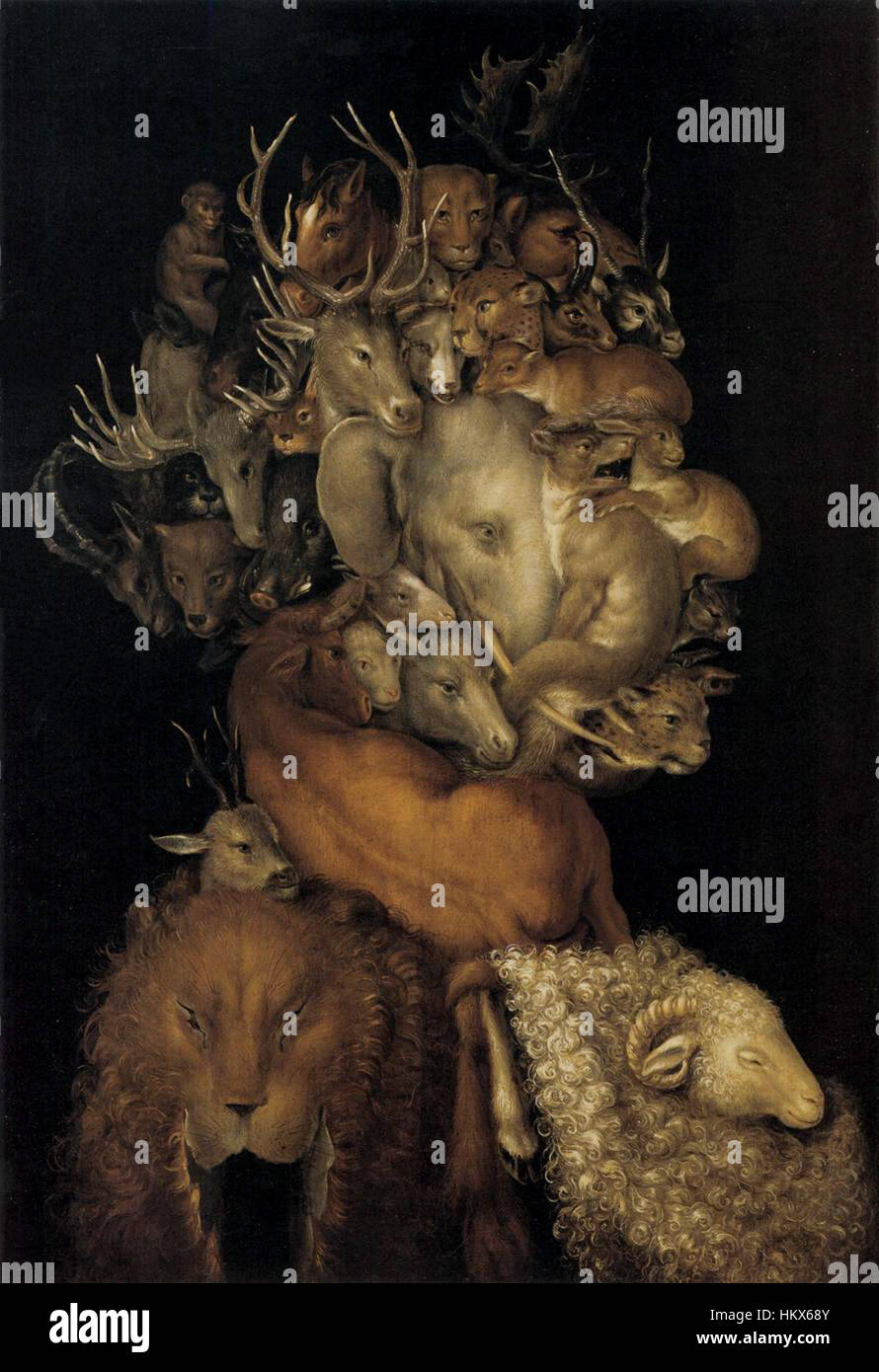 La "Terra" di Giuseppe Arcimboldo è un dipinto unico della sua famosa serie che utilizza frutta, verdura e fiori per creare l'immagine di una testa umana. Il pezzo rappresenta l'elemento della Terra, mostrando l'uso inventivo di oggetti naturali nell'arte di Arcimboldo. Foto Stock