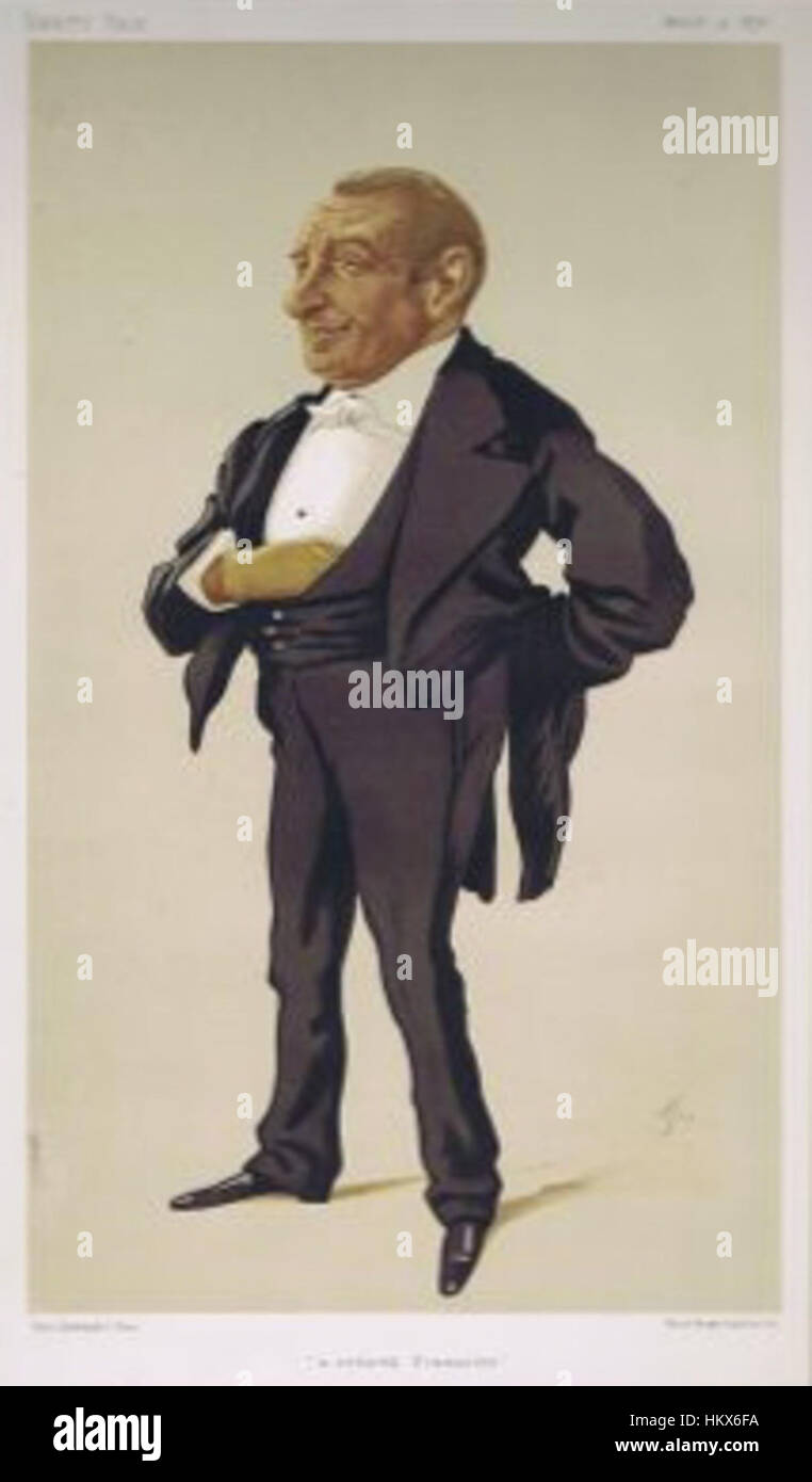 Questa illustrazione satirica di Henry Louis Bischoffsheim è stata presentata nell'edizione del 4 marzo 1876 di Vanity Fair. L'opera critica umoristicamente le figure sociali e politiche dell'epoca, riflettendo l'arguzia e il commento acuto che definì lo stile della rivista durante l'era vittoriana. Foto Stock