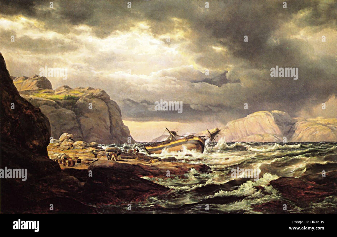 L'opera d'arte di IC Dahl, una pittura marinaresca storica, raffigura un naufragio e la natura dei disastri marittimi, catturando la forza della natura e il caos degli ultimi momenti di una nave. Foto Stock