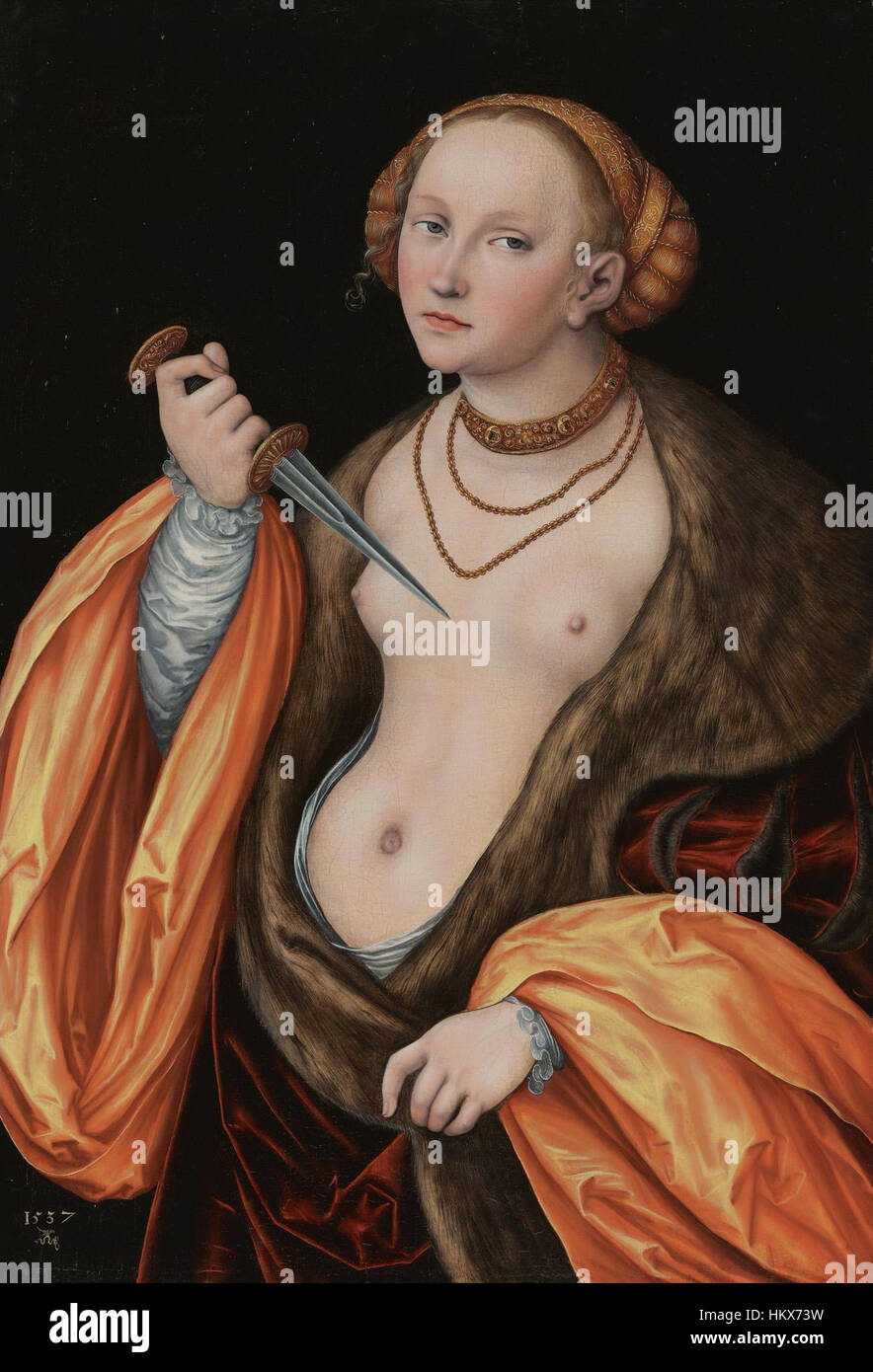 "Lukrezia" di Lucas Cranach è un dipinto del 1537 che raffigura la tragica storia di Lucrezia dalla storia romana. Il dipinto illustra il momento della morte autoinflitta di Lucrezia dopo che fu aggredita, un soggetto spesso utilizzato nell'arte rinascimentale per esplorare temi di virtù e tragedia. Foto Stock