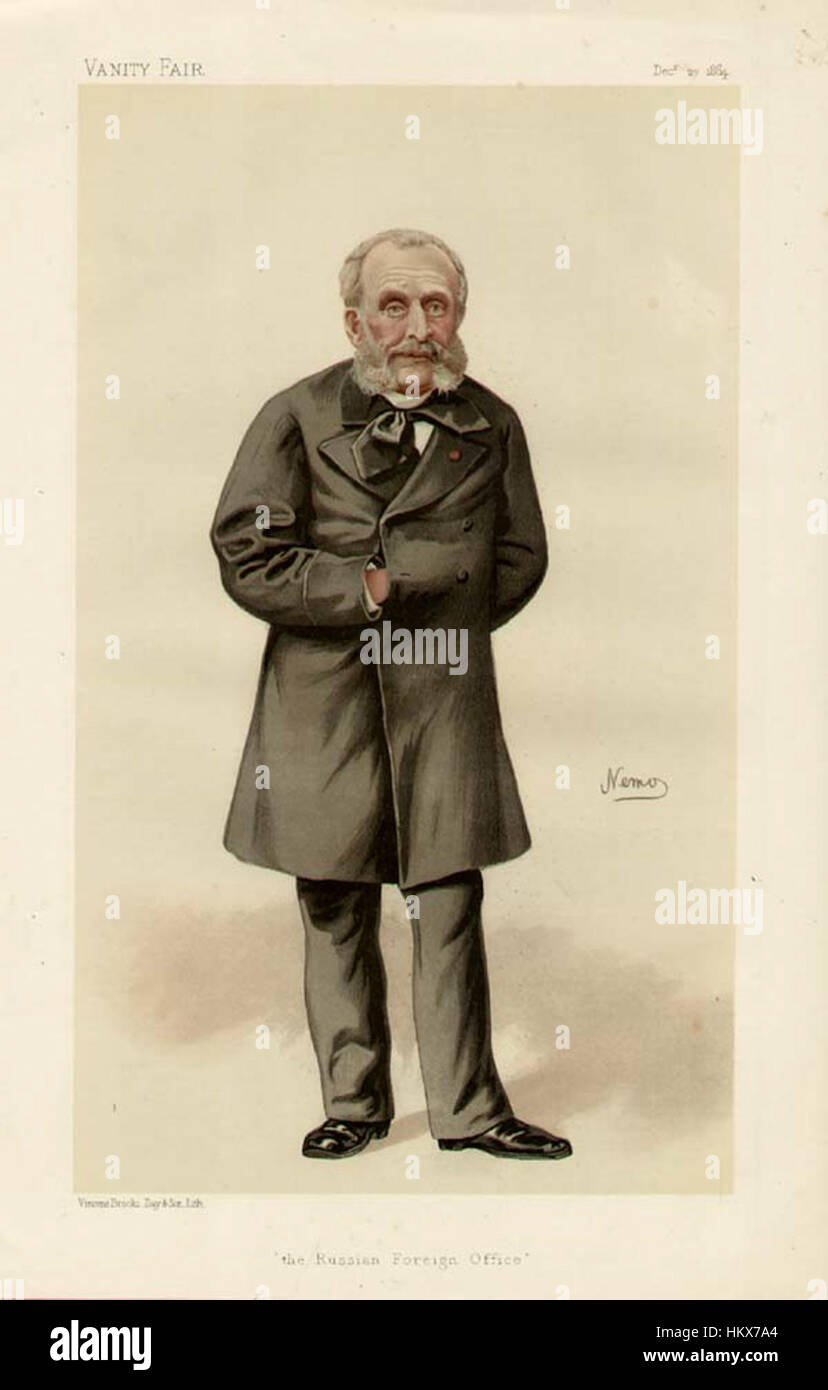 Questa illustrazione di Nikolay Karlovich Girs, pubblicata su Vanity Fair il 27 dicembre 1884, presenta una rappresentazione satirica della società russa del XIX secolo. Le opere d'arte di Girs criticano le élite sociali e le figure politiche del tempo attraverso la caricatura e l'umorismo. Foto Stock