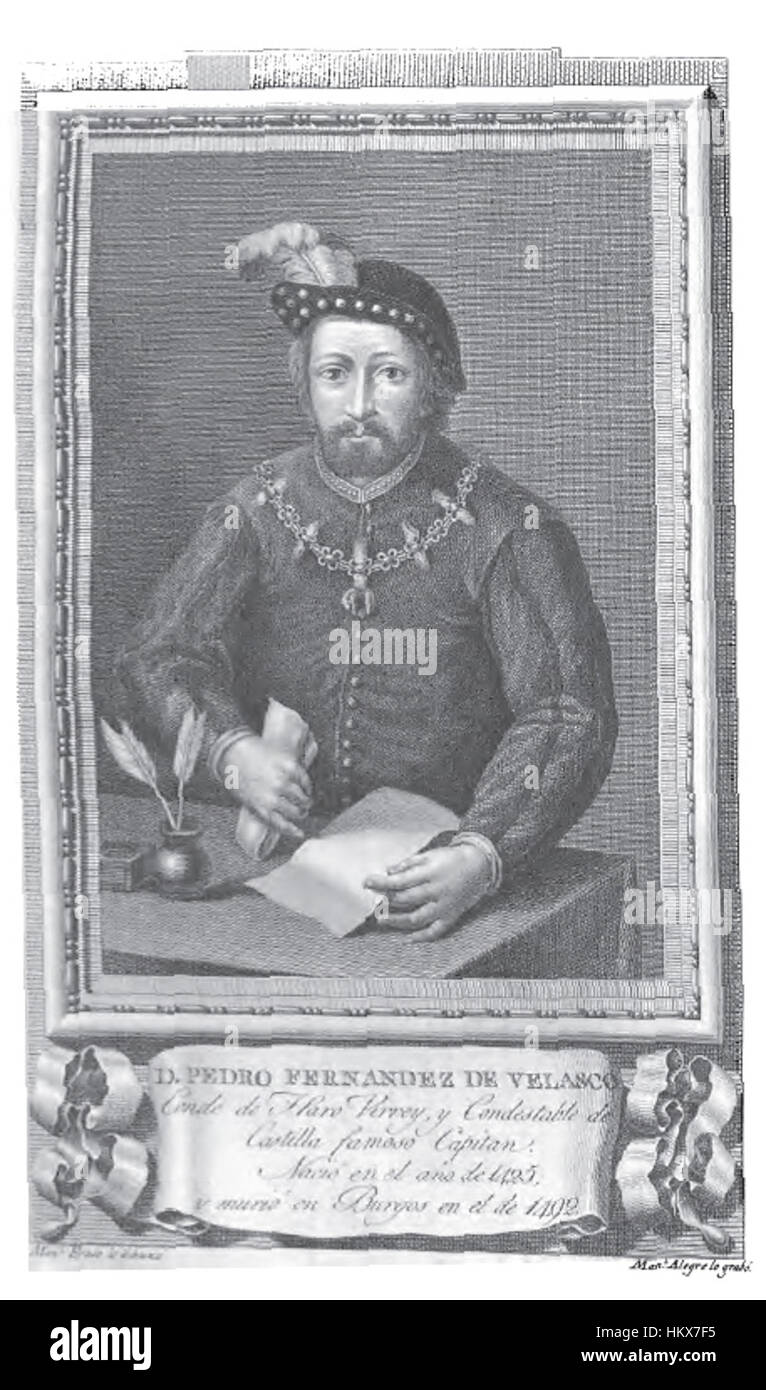 Pedro Fernandez de Velasco fu un nobile spagnolo e figura militare durante il XVI secolo. Il suo ritratto cattura l'armatura distintiva e l'abbigliamento nobile dell'epoca, riflettendo il suo status prominente nella società spagnola. Il dipinto è un notevole esempio di ritrattistica rinascimentale in Spagna. Foto Stock