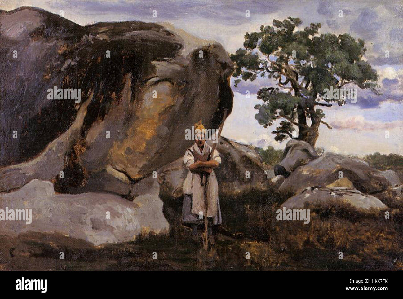 "Paysanne en Forêt de Fontainebleau" raffigura una contadina nella foresta di Fontainebleau, mostrando la vita rurale della Francia nel XIX secolo. Il dipinto cattura la natura pacifica ma laboriosa della vita rurale in mezzo allo sfondo sereno della foresta. Foto Stock