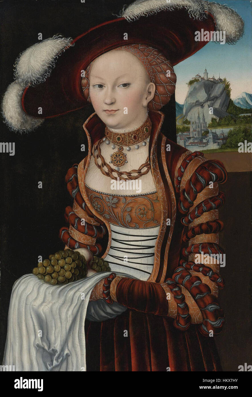 Ritratto di una giovane donna che mantiene l'uva e mele, 1528 da Lucas Cranach, the Elder Foto Stock