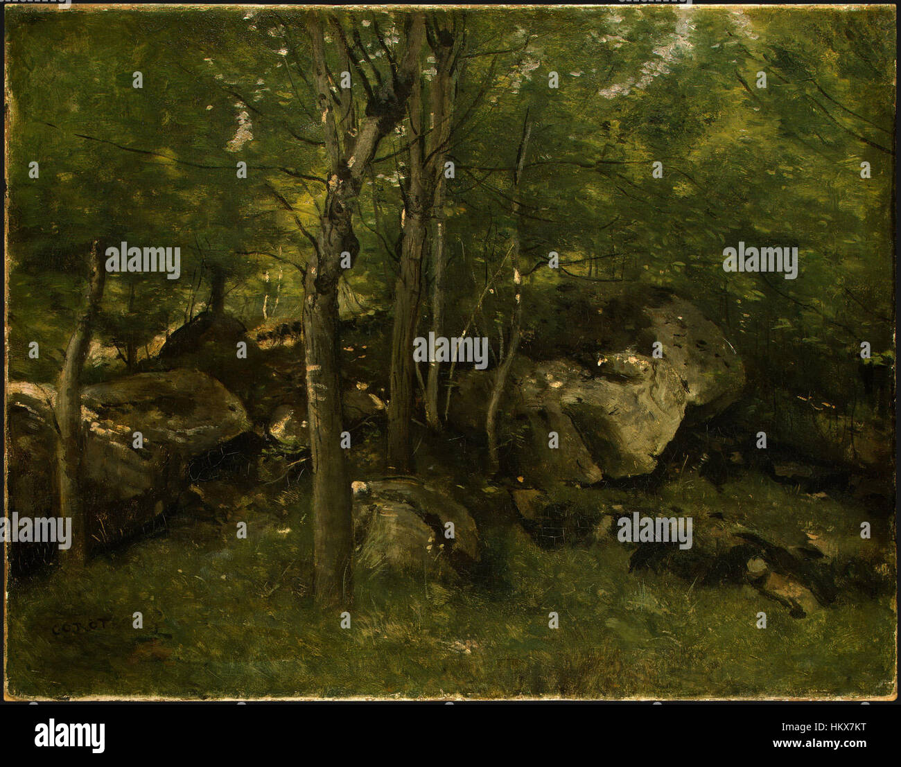 "Rocks in the Forest of Fontainebleau" di Jean-Baptiste-Camille Corot cattura la bellezza naturale della foresta, evidenziando l'interazione di luce e ombra tipica della scuola di Barbizon. Foto Stock