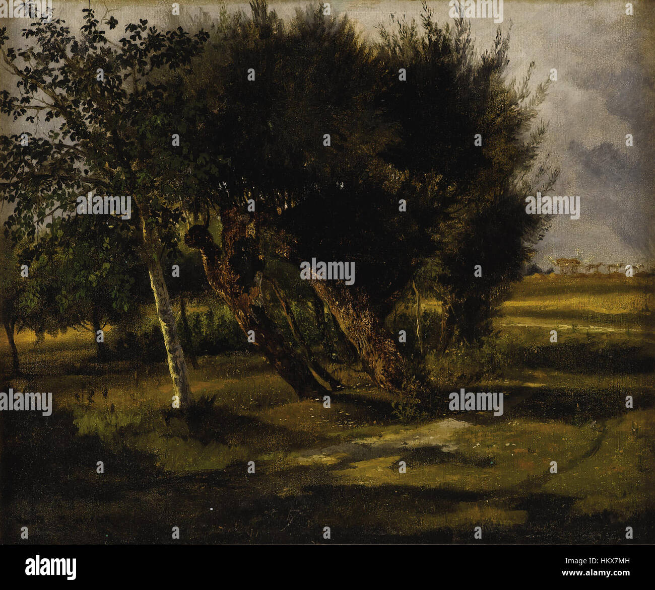 Questo dipinto di Rosa Bonheur, intitolato *Les arbres et le chemin*, cattura un paesaggio sereno con alberi e un sentiero. Bonheur era nota per le sue rappresentazioni dettagliate e realistiche della natura, in particolare degli animali e degli ambienti all'aperto. Foto Stock