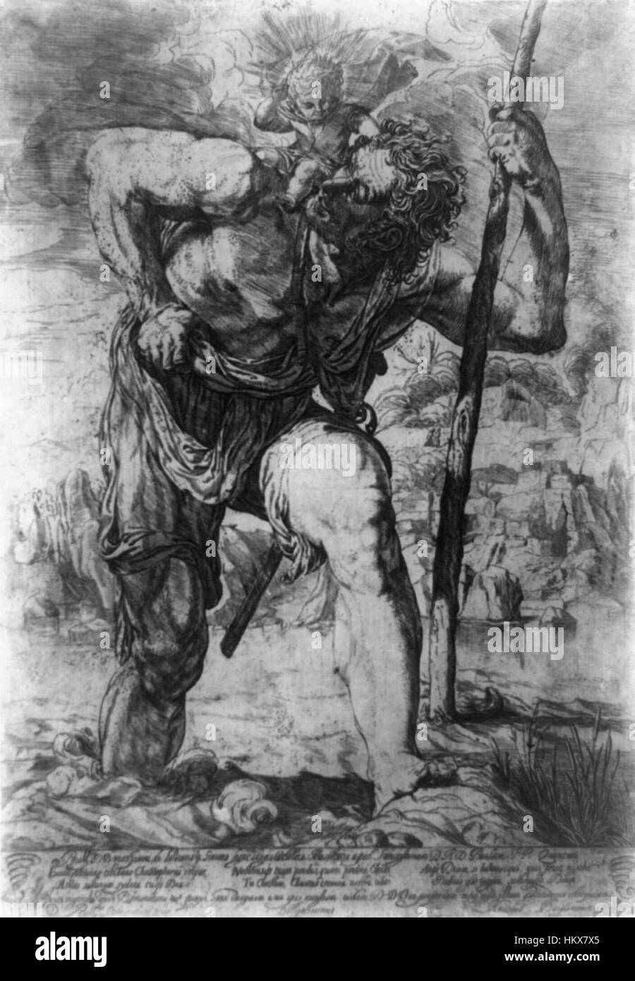 "San Cristoforo" di Orazio Borgianni è un'opera d'arte religiosa che ritrae il santo che trasporta il bambino Cristo attraverso un fiume. Il pezzo è noto per il suo uso drammatico della luce e la rappresentazione della devozione cristiana. Foto Stock