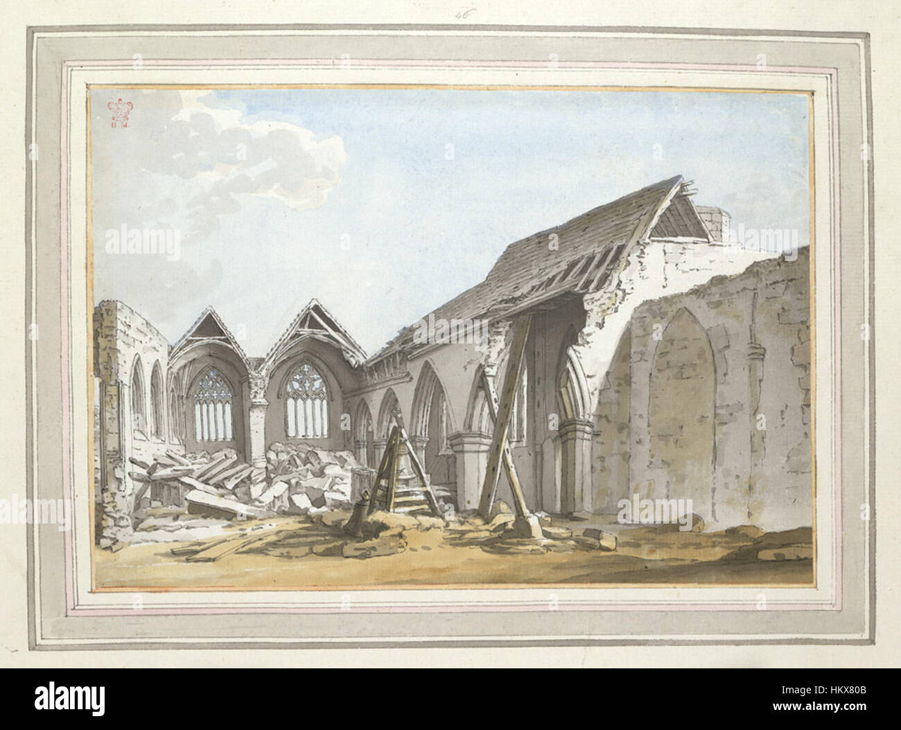 Il dipinto del 1773 di Samuel Hieronymus Grimm "le rovine della chiesa di East Grinstead" raffigura i resti architettonici della chiesa in modo dettagliato e realistico. Il dipinto cattura il drammatico decadimento e la storia della struttura, tipica delle rovine gotiche del XVIII secolo. Foto Stock