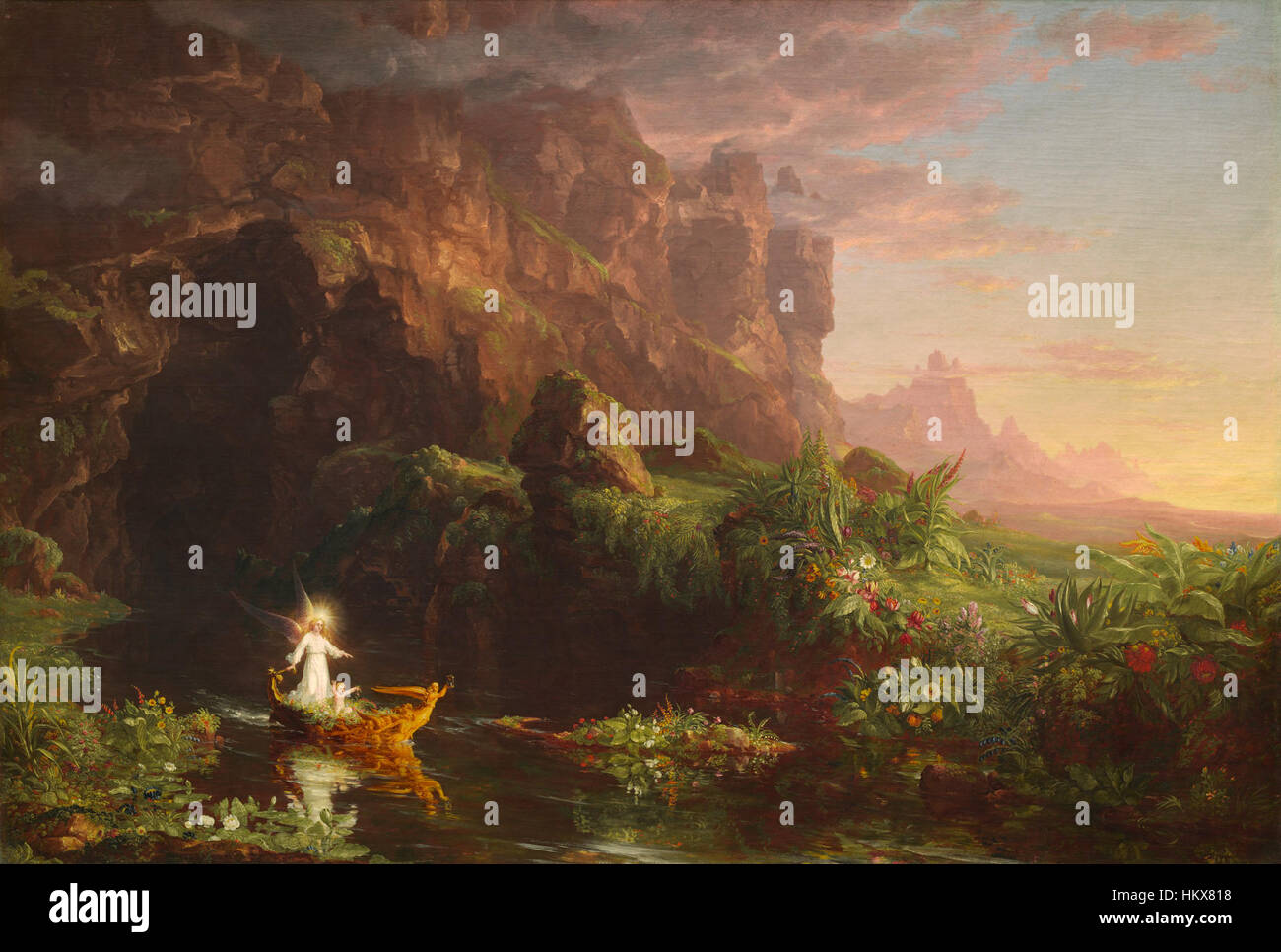 The Voyage of Life: Childhood di Thomas Cole (1842) illustra il tema dello sviluppo umano, raffigurando l'infanzia come un periodo di innocenza e avventura. Questo pezzo fa parte di una serie più ampia sul viaggio della vita e riflette la visione romantica di Cole sulla natura e l'esperienza umana. Foto Stock