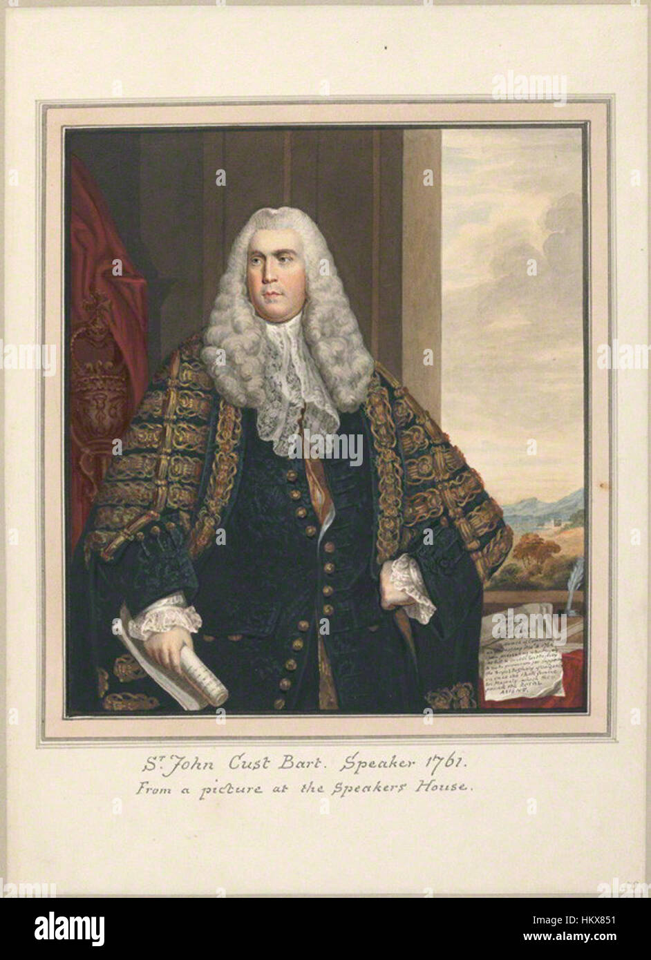 Questo disegno ad acquerello, creato da Thomas Athow dopo le opere di Watson e Reynolds, raffigura Sir John Cust, il III baronetto. Mette in risalto lo stile di ritrattistica del periodo e offre un collegamento visivo con l'aristocrazia britannica del XVIII secolo. Foto Stock