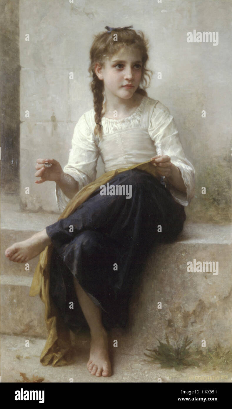 Un famoso dipinto di William-Adolphe Bouguereau, intitolato "cucito", raffigurante una giovane donna al lavoro in modo realistico e finemente dettagliato, caratteristico dell'approccio di Bouguereau al realismo e alla pittura di genere. Foto Stock