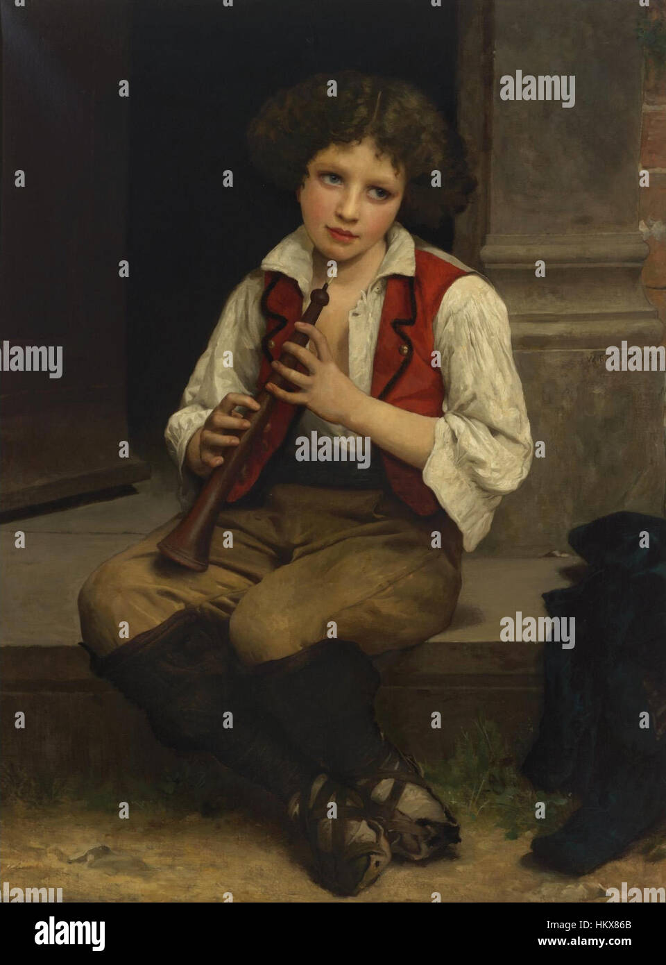 'Pifferaro' di William-Adolphe Bouguereau, dipinto nel 1874, ritrae un pastore italiano che suona la pipa. Questo dipinto riflette la maestria del realismo di Bouguereau, concentrandosi sull'espressione naturalistica del ragazzo e sulla bellezza del paesaggio rurale. Foto Stock
