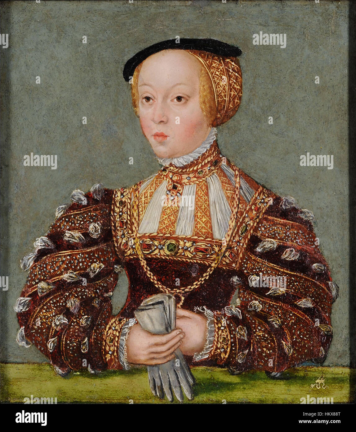 Un ritratto di Elisabetta d'Austria, attribuito alla bottega di Lucas Cranach il Giovane, che presenta lo stile rinascimentale dettagliato della corte europea del XVI secolo. Foto Stock