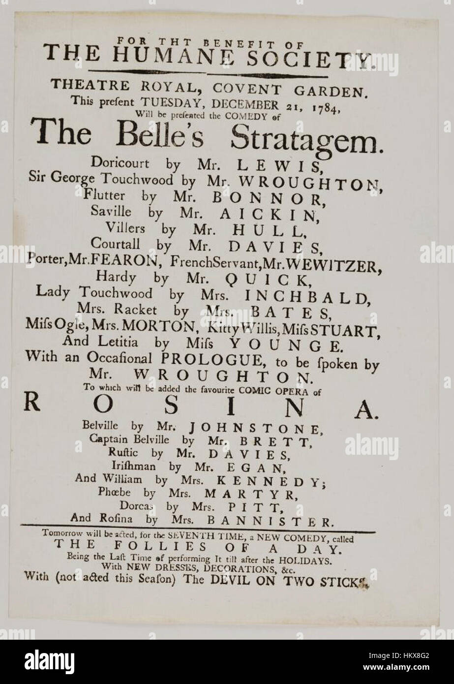 Librerie di Bodleian, cartellone di Covent Garden, Martedì, 21 dicembre 1784, annunciando la belle's stratagemma &c. Foto Stock
