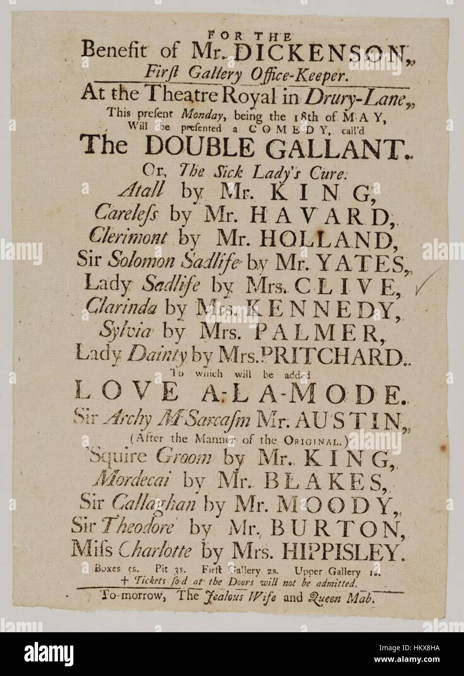 Librerie di Bodleian, locandina del Drury Lane Theatre, lunedì, essendo il 18 maggio 1759, annunciando la doppia gallant. O i malati lady's curare &c. Foto Stock