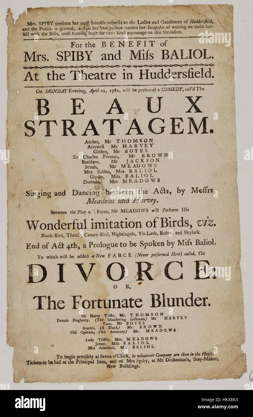 Librerie di Bodleian, cartellone di teatro, lunedì sera, 22 aprile 1782, annunciando la beaux stratagemma &c. Foto Stock