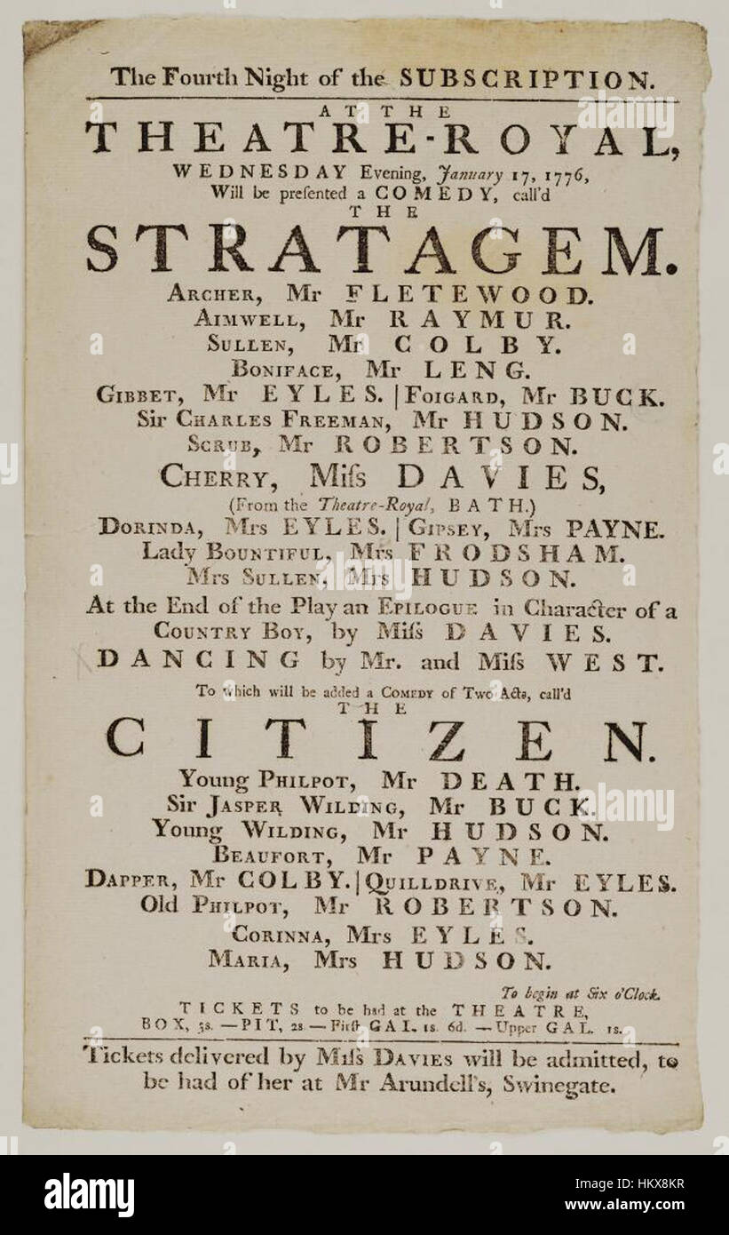 Librerie di Bodleian, locandina del Teatro Regio, mercoledì sera, 17 gennaio 1776, annunciando lo stratagemma &c. Foto Stock