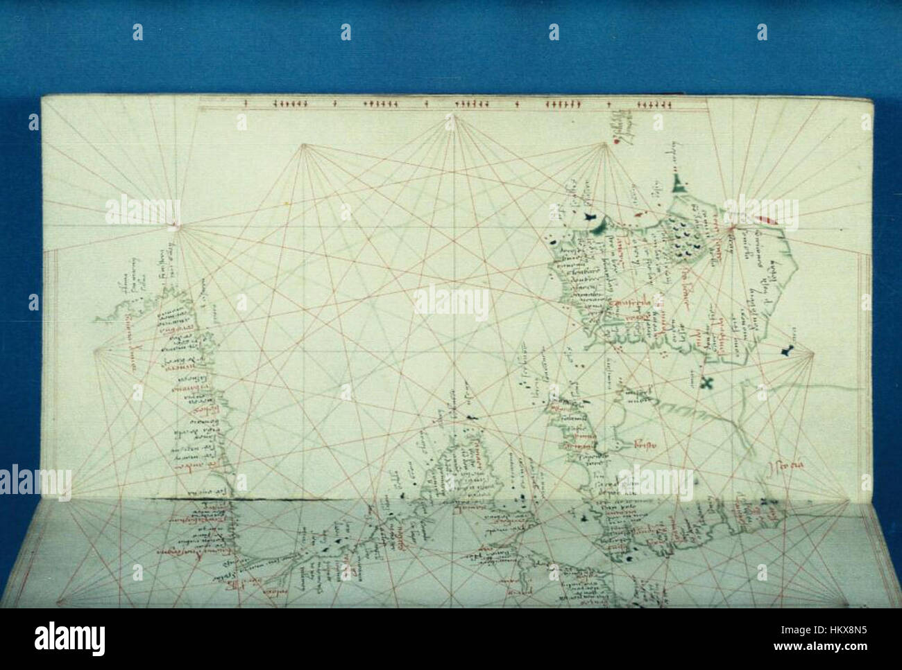 Il *codice Portolan* ospitato presso le biblioteche Bodleiane è una carta di navigazione con la Baia di Biscaglia, il Canale della Manica, il Canale di San Giorgio e il Canale di Bristol. Si tratta di un esempio chiave di cartografia medievale utilizzata per la navigazione marittima. Foto Stock
