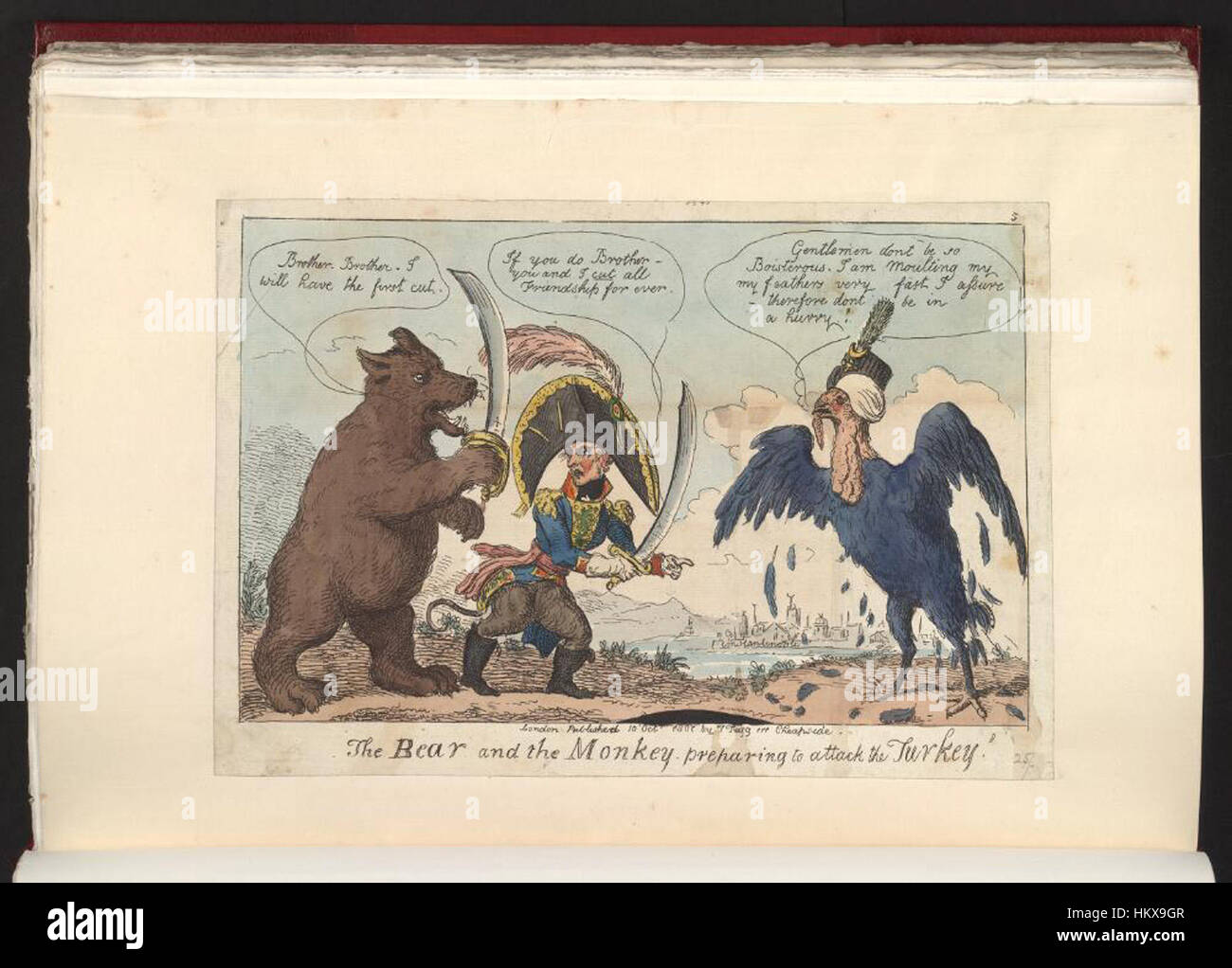 Questo manoscritto medievale raffigura un orso e una scimmia che si preparano ad attaccare un tacchino, evidenziando l'uso allegorico degli animali nella letteratura. Mostra lo stile dettagliato e stravagante dell'arte medievale. Foto Stock