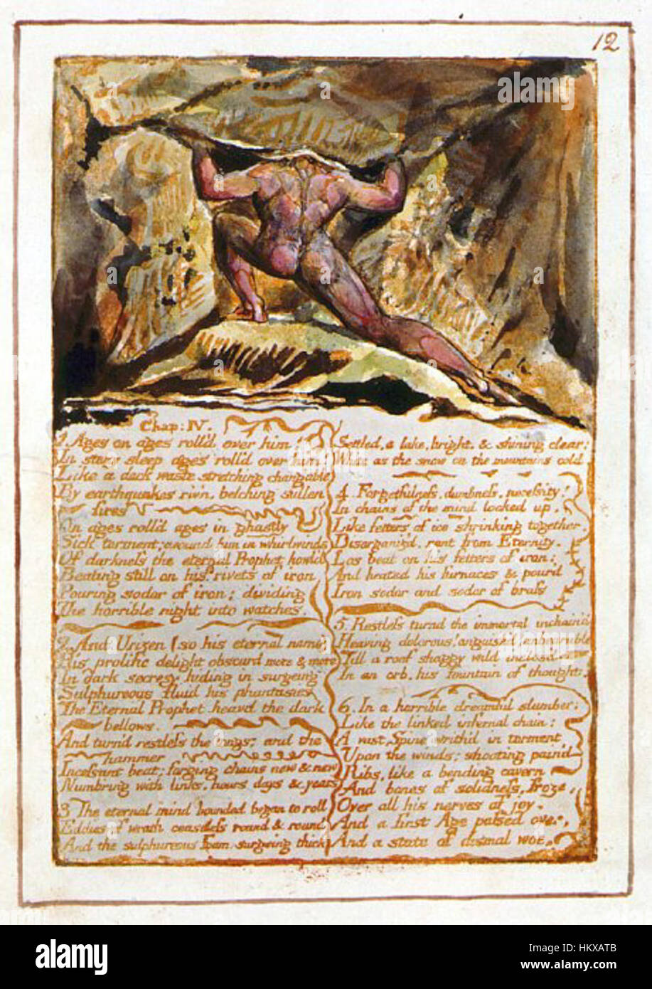 Questa immagine proviene dal "Libro di Urizen" di William Blake, che mostra la placca 12 dell'opera. La stampa esemplifica la visione unica di Blake, mescolando poesia con intricate illustrazioni nella sua esplorazione della mitologia e della creazione. Foto Stock