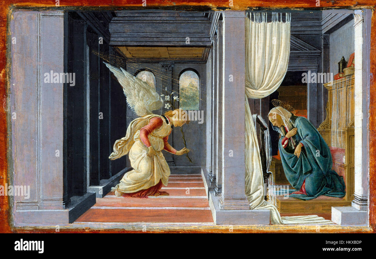 Un dipinto rinascimentale di Sandro Botticelli raffigurante l'Annunciazione, ospitato al Metropolitan Museum, che mostra la sua elegante composizione e i delicati dettagli. Foto Stock