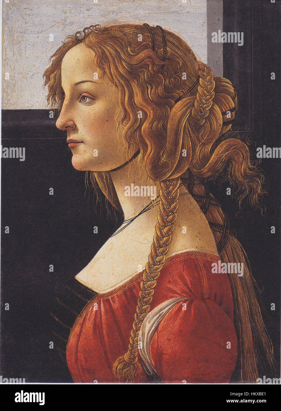 Il ritratto di Simonetta Vespucci di Botticelli, noto come «Bildnis einer jungen Frau», è un rinomato esempio di ritrattistica rinascimentale italiana. Simonetta, musa per Botticelli, è raffigurata con graziosi dettagli ed eleganza in questa iconica opera d'arte del periodo. Foto Stock