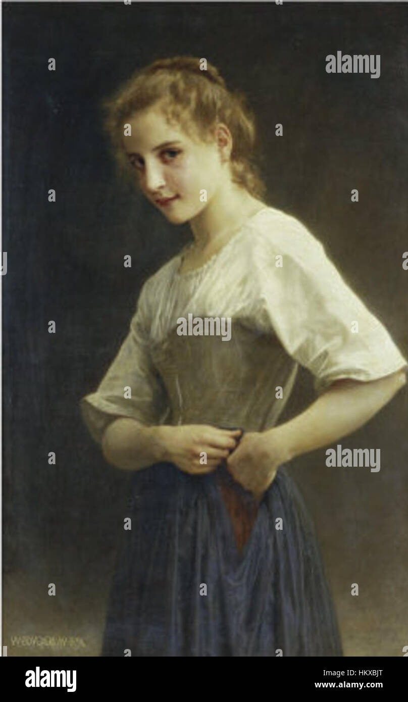 Questo dipinto di William-Adolphe Bouguereau, intitolato *all'inizio del giorno*, raffigura una giovane donna in un ambiente rurale, che si prepara per il lavoro della giornata. Il magistrale rendering di luce e consistenza di Bouguereau cattura la calma bellezza della mattina. Foto Stock