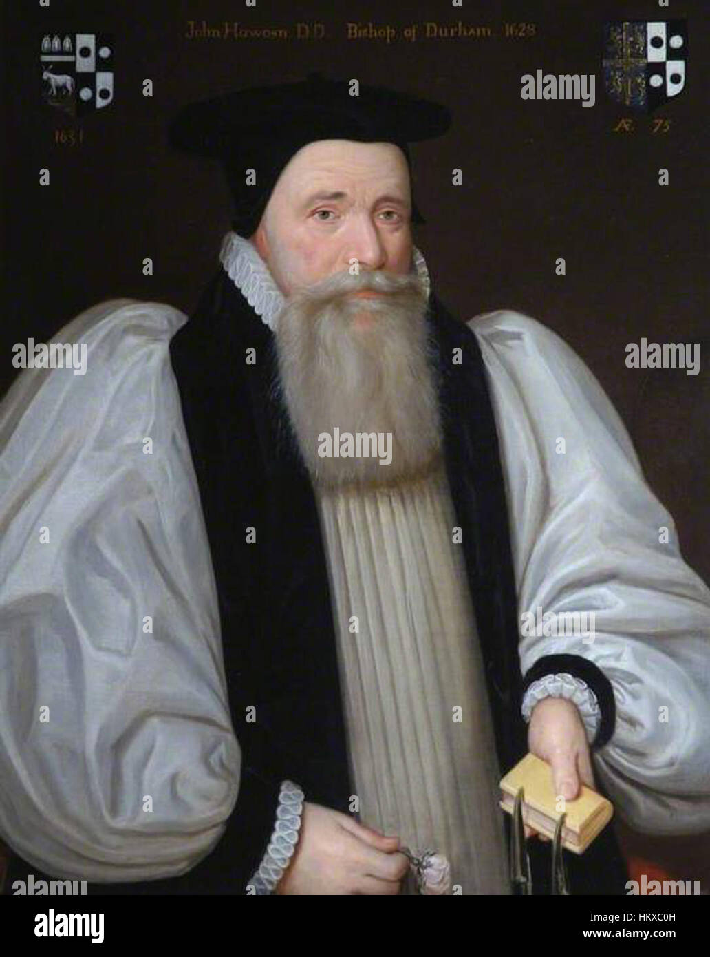 Un ritratto del vescovo John Howson, che mostra il carattere dignitoso e solenne del soggetto. Questo dipinto, con i suoi minuziosi dettagli, riflette il significato religioso e storico della figura. Opera d'arte storica di valore, è spesso esposta in collezioni museali ed è nota per la sua rappresentazione realistica della vita e dell'opera di Howson. Foto Stock