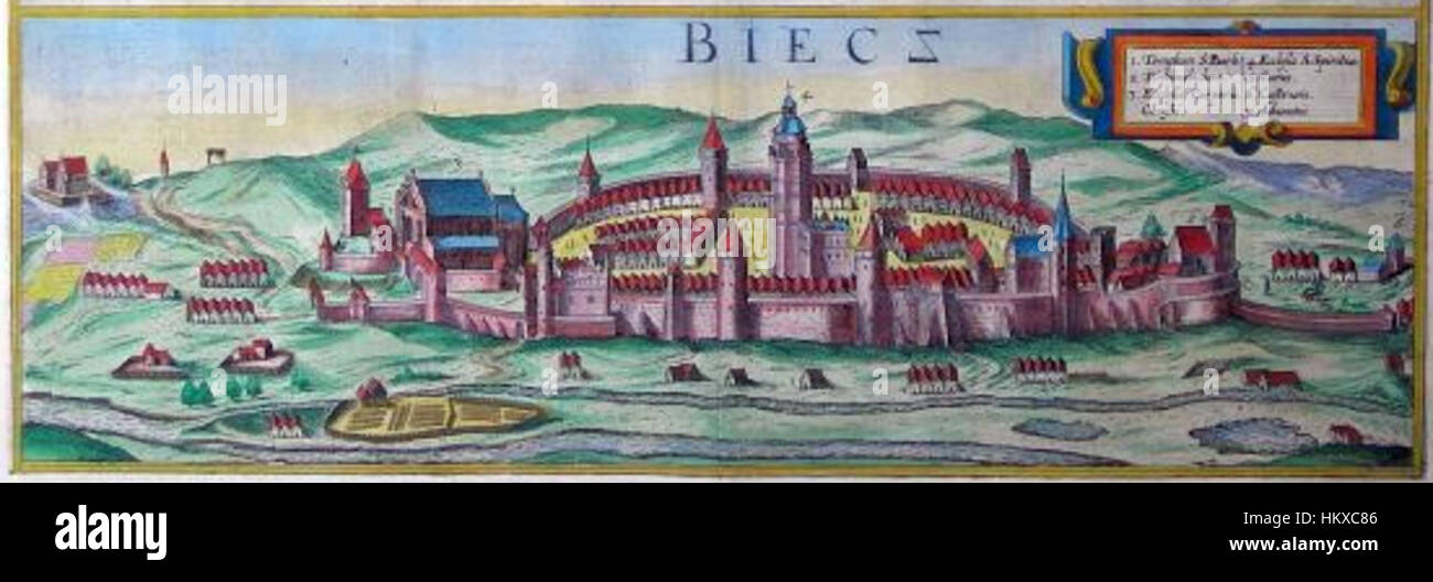 La mappa di Biecz di Braun e Hogenberg offre un'incisione dettagliata della città polacca, mostrandone la disposizione e le strutture chiave. Prodotto durante il Rinascimento, offre una prospettiva storica sul design e lo sviluppo urbano della città. Foto Stock