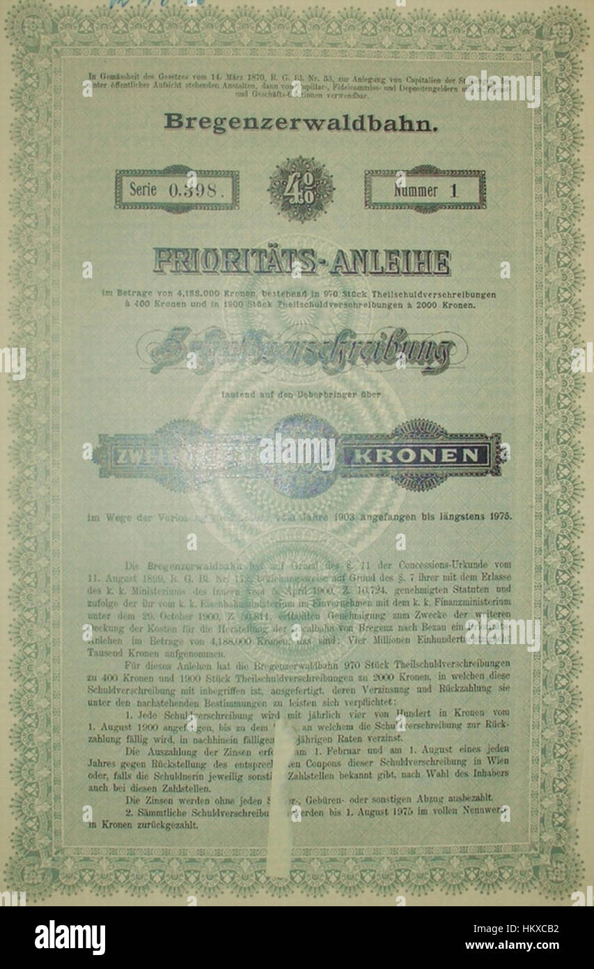 Questa illustrazione vintage della ferrovia *Bregenzerwaldbahn* presenta un prestito obbligazionario del 1900. Riflette gli aspetti finanziari dello sviluppo della ferrovia in Austria durante i primi anni del XX secolo, mostrando gli investimenti ferroviari storici e il progresso industriale austriaco. Foto Stock