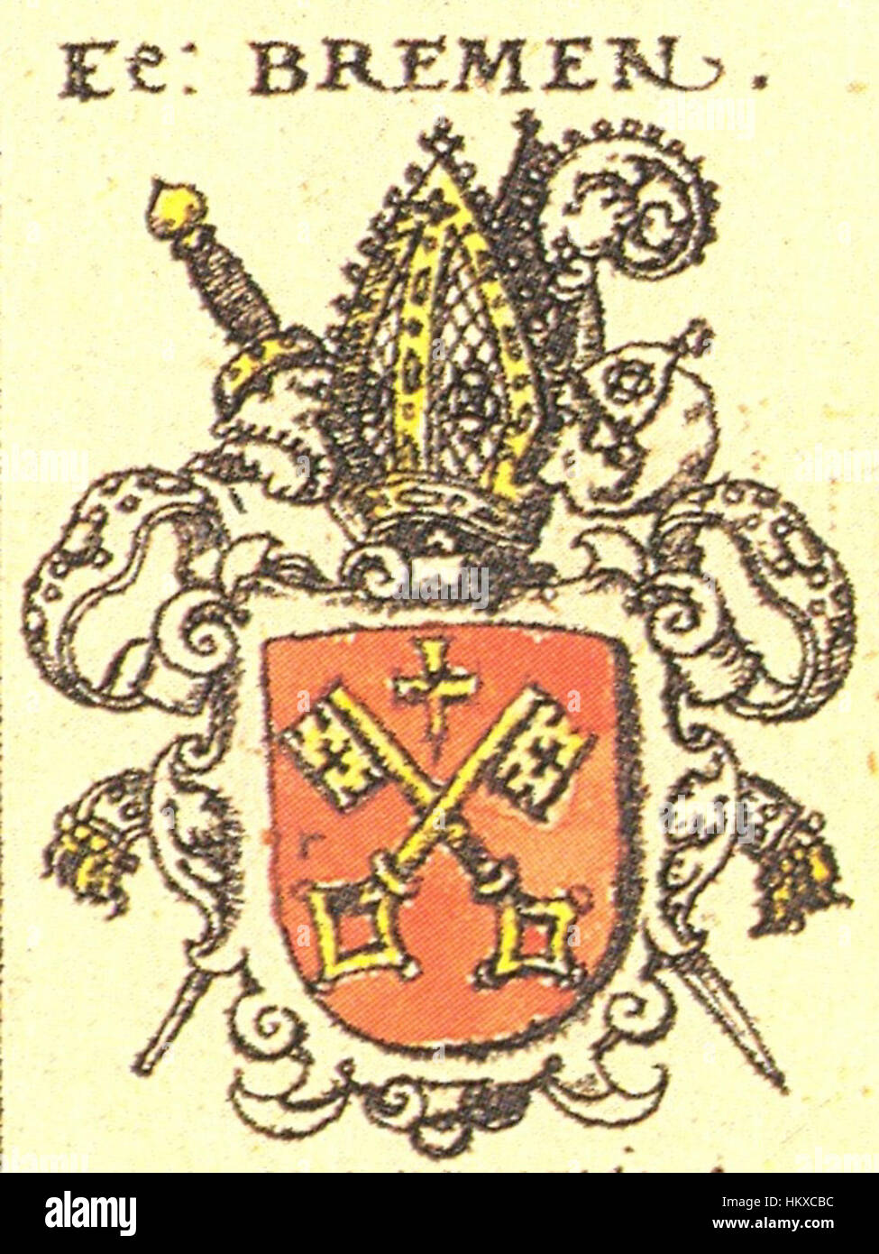 Questa opera d'arte presenta lo stemma (CoA) della Diocesi di Brema, che mostra i suoi simboli araldici e il suo design. Lo stemma riflette il significato storico e religioso della diocesi nella storia culturale ed ecclesiastica di Brema. Foto Stock